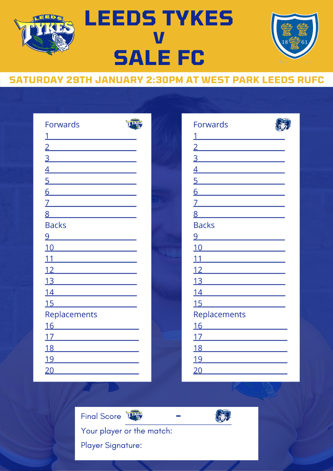 Leeds Tykes supporters' booklet Sale match card