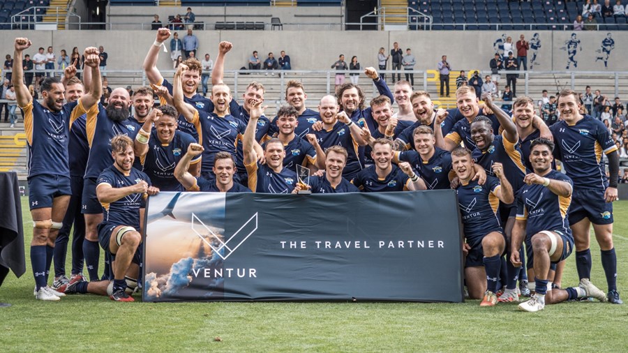 Leeds Tykes squad celebrating their Ventur Cup final win