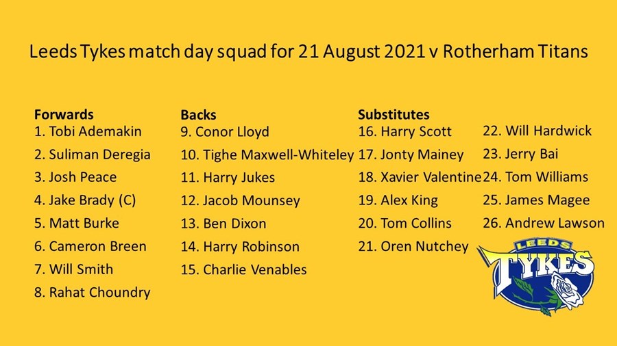 Leeds Tykes match day squad for 21 August 2021 v Rotherham Titans