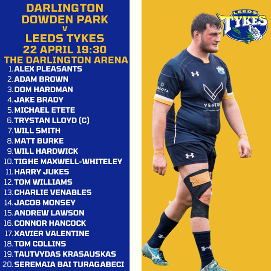 Darlington Mowden Park v Leeds Tykes 22 April 2022 kick-off 19:30, squad list, image of Connor Hancock