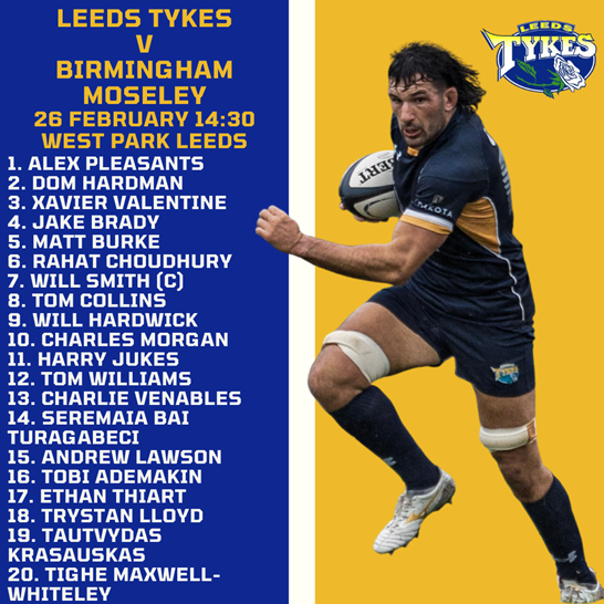 Leeds Tykes v Birmingham Moseley 26 February 2022 kick-off 14:30, squad list, image of Jake Brady