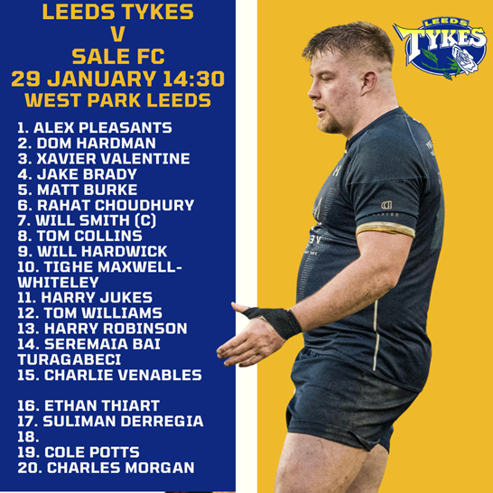 Leeds Tykes v Sales Fc 29 January 14:30 West Park Leeds, squad list, image of Dom Hardman