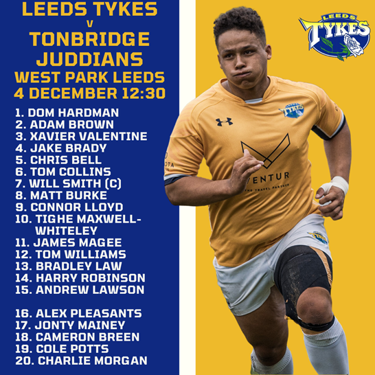 Leeds Tykes v Tonbridge Juddians, West Park Leeds 4 December 12:30 with team list