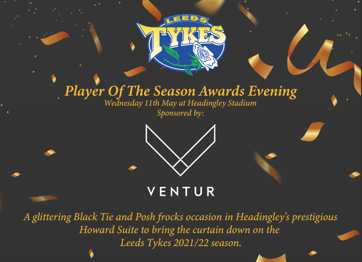 Awards evening info with Leeds Tykes and Ventur logos