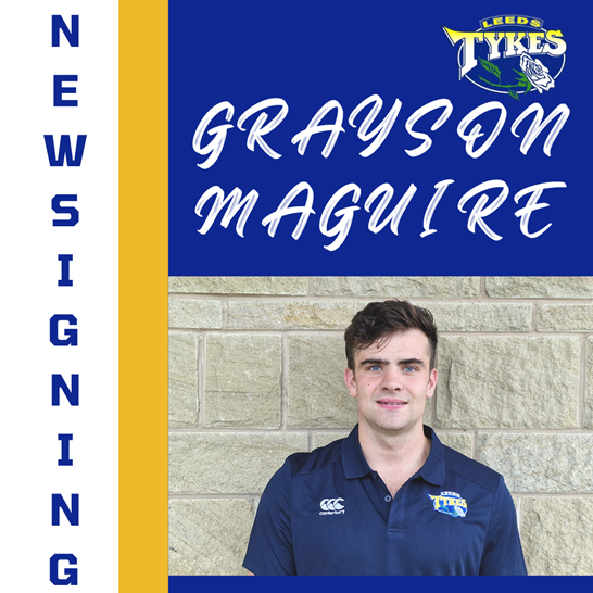 New signing Grayson Maguire, Leeds Tykes logo and picture of Grayson