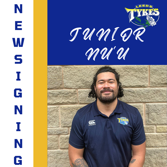 New signing Junior Nu'u, Leeds Tykes logo and picture of Junior