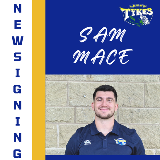 New signing Sam Mace, Leeds Tykes logo and picture of Sam