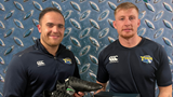 Men of Steel, Ben Dixon and Matt Burke with a pair of Phoenix Genesis Elite rugby boots from Tykes' partner Canterbury  