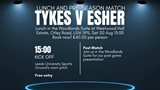 Lunch and pre-season match Tykes v Esher. Lunch in the Woodlands Suite at Weetwood Hall Estate, Otley Road, LS16 5PS, Sat 20 Aug 13:00 Book now! £40.00 per person. Match at Leeds University Sports Ground’s main pitch kicks off 15:00 Free entry. Post Match Join us in the Woodlands Suite for our post game presentation